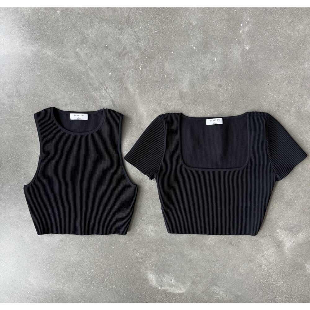 Set Of 2 Aritzia Babaton Sculpt Knit Top Tank Cropped Black Women Small Ribbed
